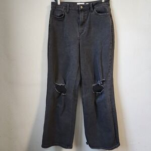 Ceros Distressed Wide Leg Jeans Ripped Knee Black‎ Denim High Rise Size 29